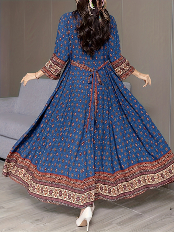 Μποέμ μακριά φόρεμα με ethnic print, πολυεστέρας, στάσιμος γιακάς, μακριά μανίκια