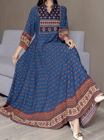 Μποέμ μακριά φόρεμα με ethnic print, πολυεστέρας, στάσιμος γιακάς, μακριά μανίκια
