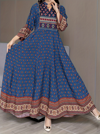 Μποέμ μακριά φόρεμα με ethnic print, πολυεστέρας, στάσιμος γιακάς, μακριά μανίκια