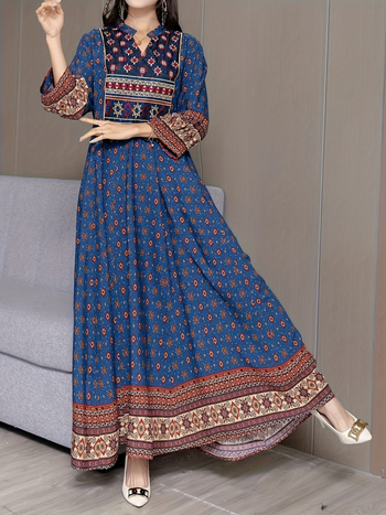 Μποέμ μακριά φόρεμα με ethnic print, πολυεστέρας, στάσιμος γιακάς, μακριά μανίκια