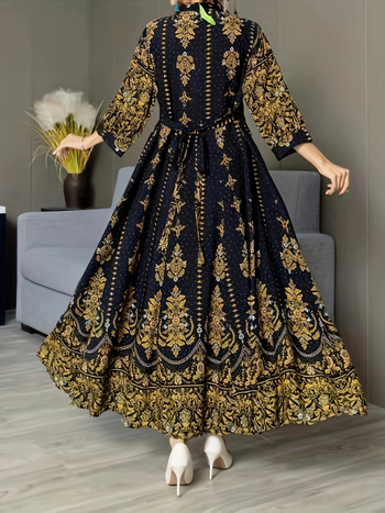 Φόρεμα μποέμ με κέντημα πολυεστέρα, μακρύ μήκος, V-λαιμόκοψη, καμπανάκια μανίκια, κινεζικού στυλ λογοτεχνικό ρετρό