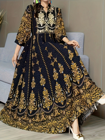 Φόρεμα μποέμ με κέντημα πολυεστέρα, μακρύ μήκος, V-λαιμόκοψη, καμπανάκια μανίκια, κινεζικού στυλ λογοτεχνικό ρετρό