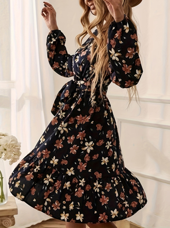 Φλοράλ φόρεμα με μακριά μανίκια, διασταυρωμένος λαιμός, ελαστική μέση, Α-γραμμή