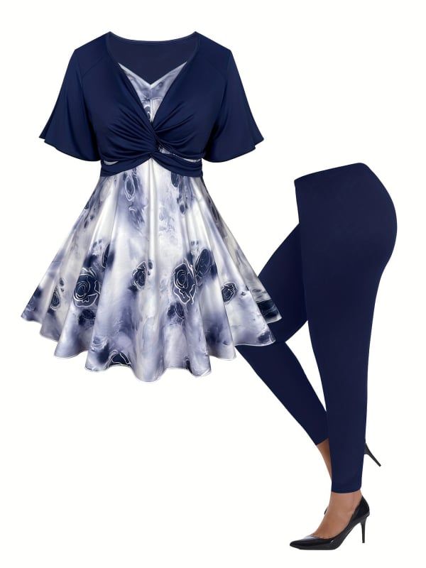 Двухчастов дамски костюм за ежедневието: топ и панталони, полиестер със спандекс, ръкави 3/4, елегантен стил, есен 2024