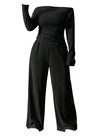 Дамски костюм от две части от полиестер, дълги ръкави, едноцветен, костюм с панталони, 95% полиестер, Пролет 2025