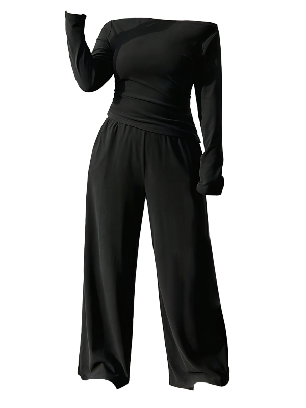 Дамски костюм от две части от полиестер, дълги ръкави, едноцветен, костюм с панталони, 95% полиестер, Пролет 2025