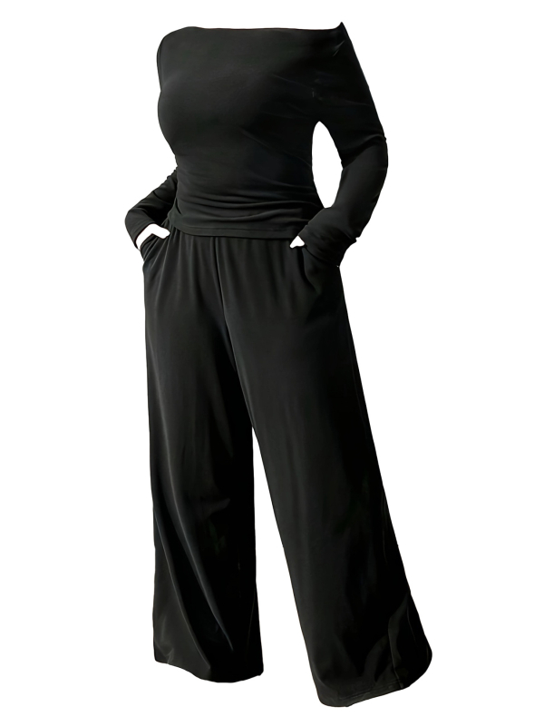 Дамски костюм от две части от полиестер, дълги ръкави, едноцветен, костюм с панталони, 95% полиестер, Пролет 2025