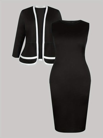 Дамски костюм със сако и рокля, дълги ръкави, елегантен ежедневен стил, есенно издание 2024, полиестер със спандекс (≥95% полиестер)