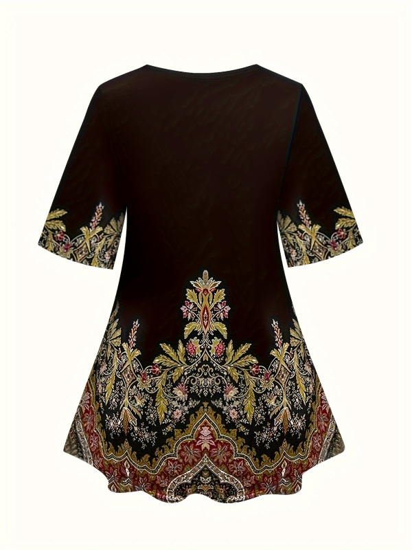 Печатен двукомпонентен комплект за жени: Т-шърт с кръгло деколте и дълъг ръкав и панталони с флейри; полиестер-спандекс смес; 95% полиестер; есен 2024