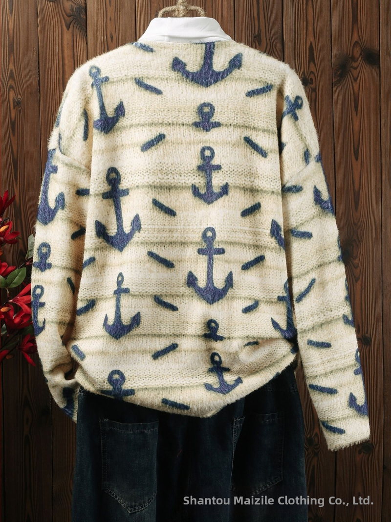 Пуловер от полиестер с жакардова структура, свободен силует и V-образно деколте, есен-зима 2024, стил японско/корейски ежедневен