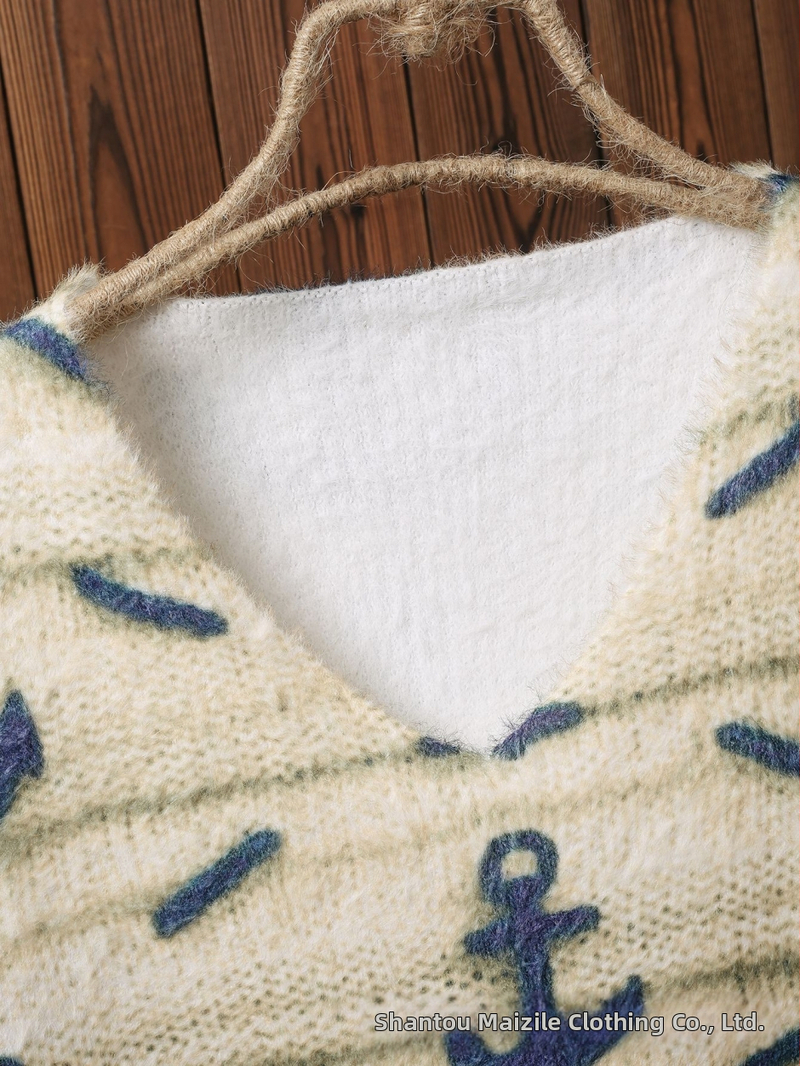 Пуловер от полиестер с жакардова структура, свободен силует и V-образно деколте, есен-зима 2024, стил японско/корейски ежедневен