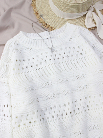 Ακρυλικό πουλόβερ με διατρήσεις, μακριά μανίκια καμπάνας, στρογγυλή λαιμόκοψη, άνετη γραμμή – street fashionista