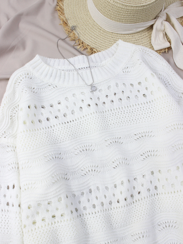 Ακρυλικό πουλόβερ με διατρήσεις, μακριά μανίκια καμπάνας, στρογγυλή λαιμόκοψη, άνετη γραμμή – street fashionista