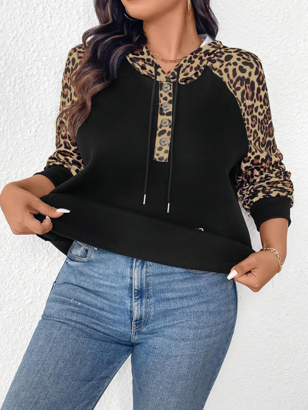 Pulover damă cu glugă, imprimeu leopard, din poliester 95%+, imprimare și vopsire, croială lejeră, primăvara 2025