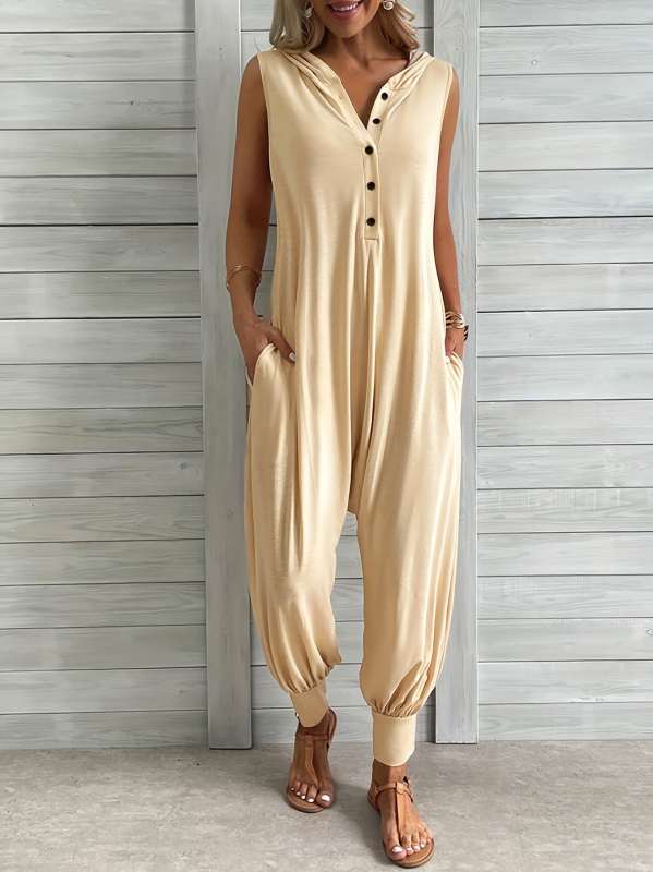 Γυναικεία ολόσωμηφόρμα με κουκούλα, χωρίς μανίκια, κουμπί κλείσιμο, φαρδιά μέση και φαρδιά παντελόνια, 95% πολυεστέρα