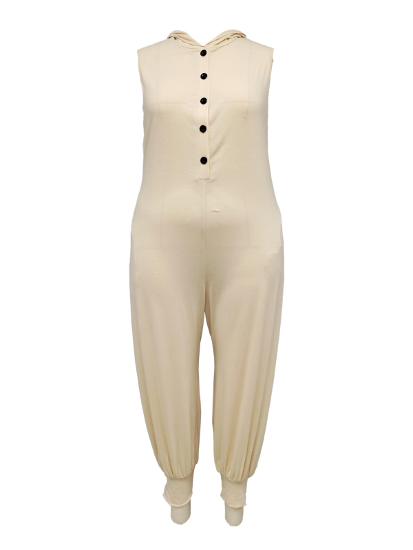 Γυναικεία ολόσωμηφόρμα με κουκούλα, χωρίς μανίκια, κουμπί κλείσιμο, φαρδιά μέση και φαρδιά παντελόνια, 95% πολυεστέρα