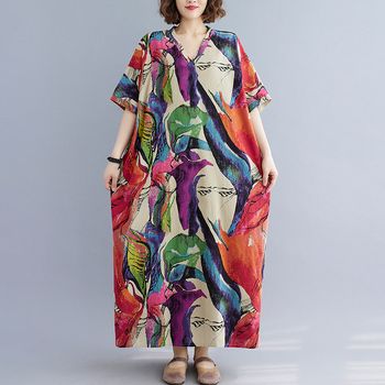 Рокля с V-образно деколте, свободна кройка, памучно-ленено платно, принт, етно-ретро А-линеен силует