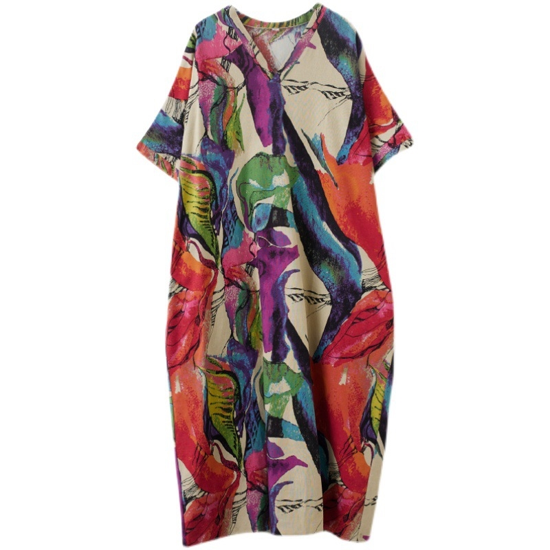 Рокля с V-образно деколте, свободна кройка, памучно-ленено платно, принт, етно-ретро А-линеен силует