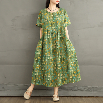 Памучно-ленена рокля с кръгла яка, дълги ръкави, А-линия и джоб с флорален мотив