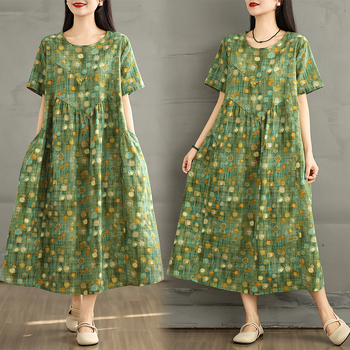 Памучно-ленена рокля с кръгла яка, дълги ръкави, А-линия и джоб с флорален мотив