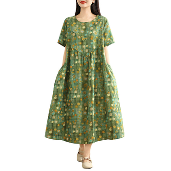 Памучно-ленена рокля с кръгла яка, дълги ръкави, А-линия и джоб с флорален мотив