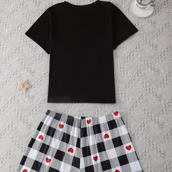 Σετ πυτζάμας γυναικών από πολυεστέρα — τοπ με κοντά μανίκια με εκτύπωση καρδιάς και παντελόνια, καθημερινές καλοκαιρινές πυτζάμες (95% πολυεστέρας)