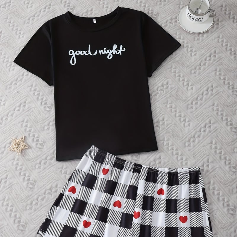 Дамски пижамен комплект от полиестер — горнище с къс ръкав със сърцевиден принт и панталони, ежедневни летни пижами (95% полиестер)