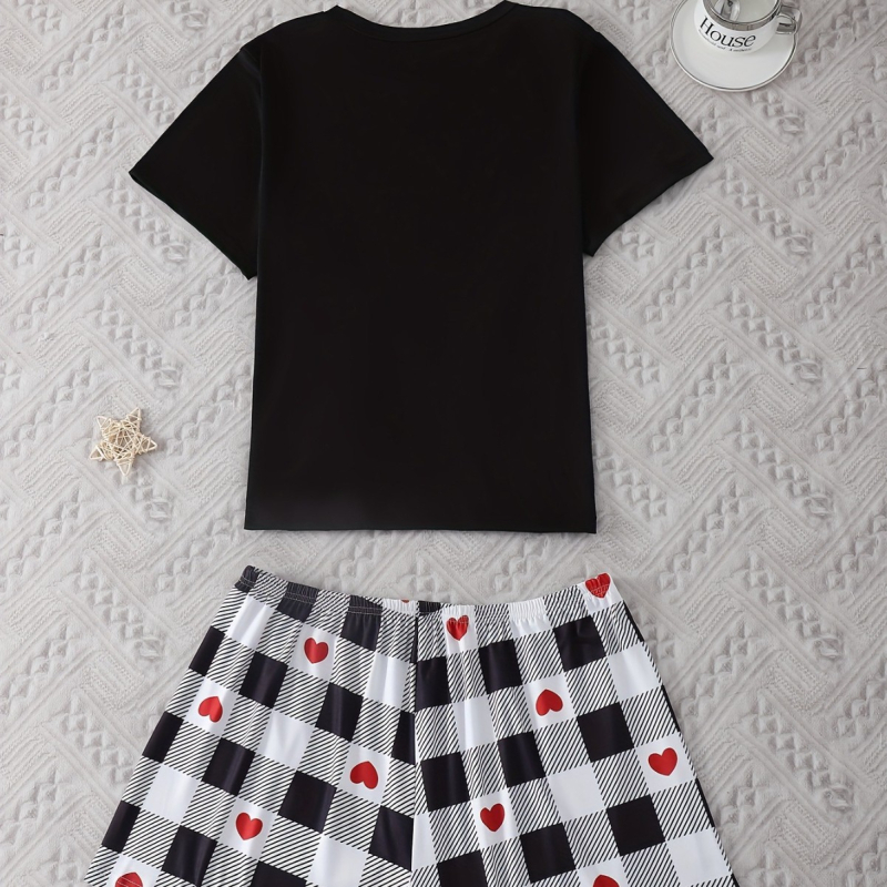 Дамски пижамен комплект от полиестер — горнище с къс ръкав със сърцевиден принт и панталони, ежедневни летни пижами (95% полиестер)