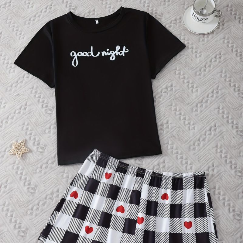 Дамски пижамен комплект от полиестер — горнище с къс ръкав със сърцевиден принт и панталони, ежедневни летни пижами (95% полиестер)