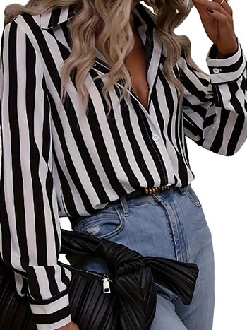 Полиестерна риза на райета с дълги ръкави, свободен силует и лацкан яка