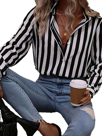 Полиестерна риза на райета с дълги ръкави, свободен силует и лацкан яка