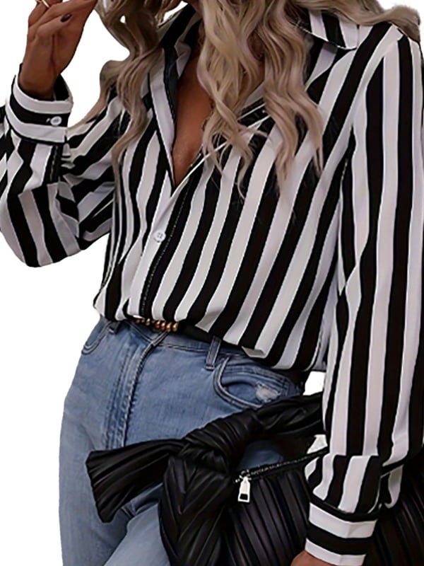 Полиестерна риза на райета с дълги ръкави, свободен силует и лацкан яка