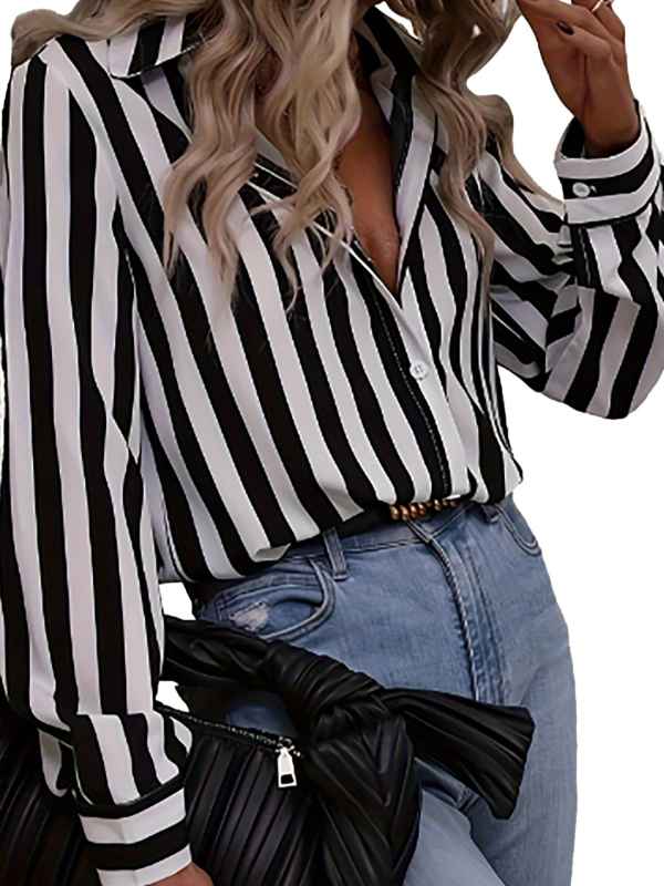 Полиестерна риза на райета с дълги ръкави, свободен силует и лацкан яка