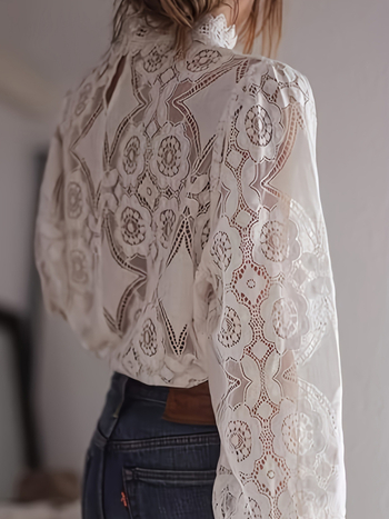 женски тюл топ с дантела и дълги ръкави - свободен силует, стойка яка, полиестер 90–95%