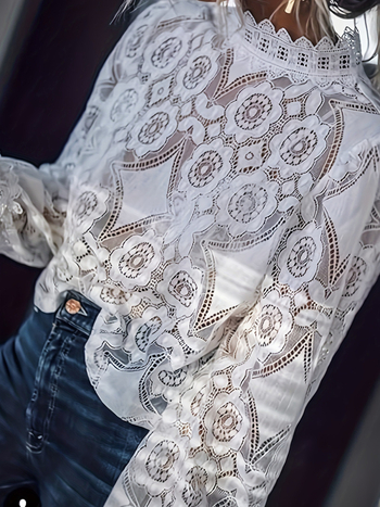 женски тюл топ с дантела и дълги ръкави - свободен силует, стойка яка, полиестер 90–95%