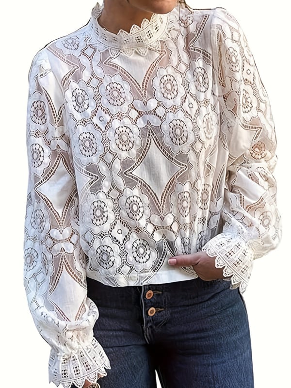 женски тюл топ с дантела и дълги ръкави - свободен силует, стойка яка, полиестер 90–95%