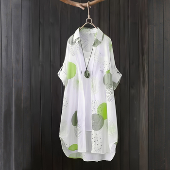 Γυναικείο πουκάμισο από βαμβάκι με εκτύπωση, κολάρο πόλο, μακριά μανίκια σε καμπάνα, ελεύθερη εφαρμογή, μοτίβο κυματοειδών κουκίδων