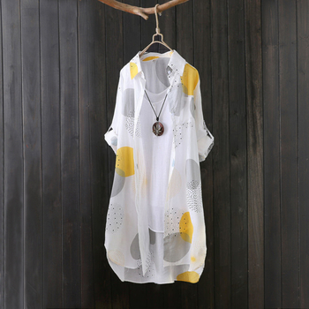 Γυναικείο πουκάμισο από βαμβάκι με εκτύπωση, κολάρο πόλο, μακριά μανίκια σε καμπάνα, ελεύθερη εφαρμογή, μοτίβο κυματοειδών κουκίδων