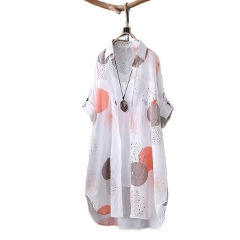 Γυναικείο πουκάμισο από βαμβάκι με εκτύπωση, κολάρο πόλο, μακριά μανίκια σε καμπάνα, ελεύθερη εφαρμογή, μοτίβο κυματοειδών κουκίδων