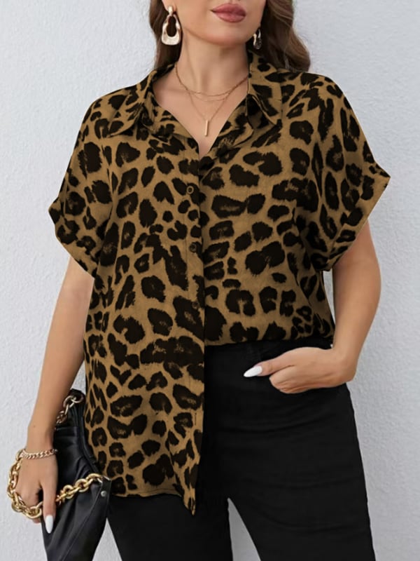 Moteriški trumpomis rankovėmis marškinėliai su apykakle, leopard spausdinimas, poliesteris, vasaros laisvalaikio tops