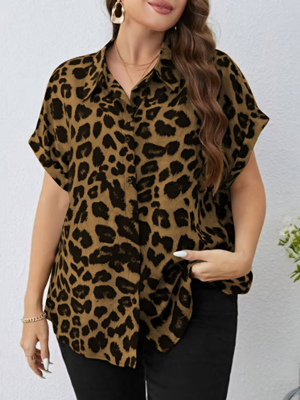 Ženska košulja kratkih rukava s ovratnikom, leopard otisak digitalni, poliester, ležerni top za plažu