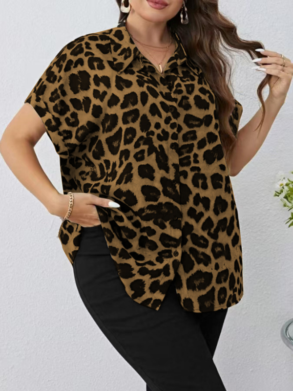 Ženska košulja kratkih rukava s ovratnikom, leopard otisak digitalni, poliester, ležerni top za plažu