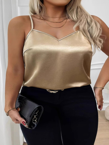 Plus izmēra satīna camisole sievietēm, brīvs siluets, bez piedurknēm, vienkrāsains, poliestera satīns, garums 50–65 cm