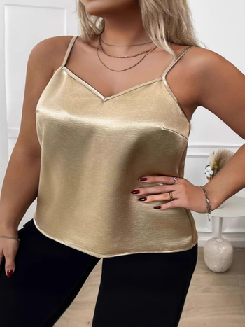 Plus izmēra satīna camisole sievietēm, brīvs siluets, bez piedurknēm, vienkrāsains, poliestera satīns, garums 50–65 cm