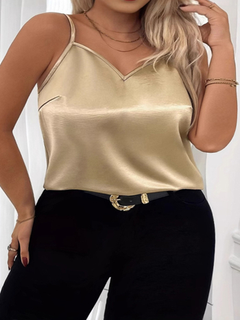 Plus izmēra satīna camisole sievietēm, brīvs siluets, bez piedurknēm, vienkrāsains, poliestera satīns, garums 50–65 cm