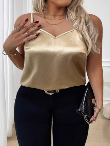 Plus izmēra satīna camisole sievietēm, brīvs siluets, bez piedurknēm, vienkrāsains, poliestera satīns, garums 50–65 cm