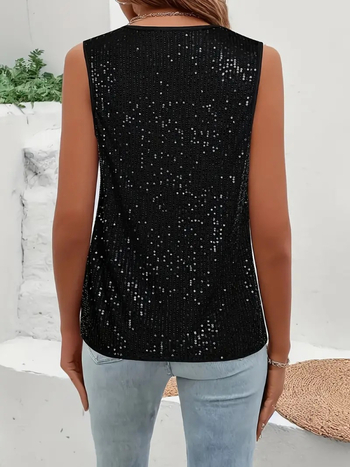 Τ-shirt με παγιέτες, γεωμετρικό μοτίβο, V-λαιμό, χωρίς μανίκια, σφιχτή στη μέση, κομψό στυλ, Άνοιξη 2025 (παγιέτες; γεωμετρικό μοτίβο; V-λαιμό; χωρίς μανίκια; σφιχτή στη μέση)