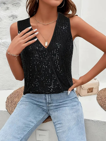 Τ-shirt με παγιέτες, γεωμετρικό μοτίβο, V-λαιμό, χωρίς μανίκια, σφιχτή στη μέση, κομψό στυλ, Άνοιξη 2025 (παγιέτες; γεωμετρικό μοτίβο; V-λαιμό; χωρίς μανίκια; σφιχτή στη μέση)