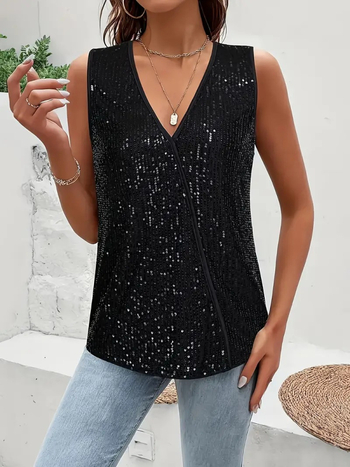 Τ-shirt με παγιέτες, γεωμετρικό μοτίβο, V-λαιμό, χωρίς μανίκια, σφιχτή στη μέση, κομψό στυλ, Άνοιξη 2025 (παγιέτες; γεωμετρικό μοτίβο; V-λαιμό; χωρίς μανίκια; σφιχτή στη μέση)