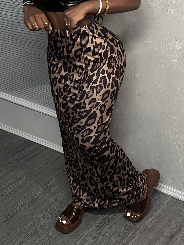 Duga suknja s leopard printom, poliester tkanina, poliester 95%+, tisak, mikro-elastičnost, proljeće 2025, za odrasle žene